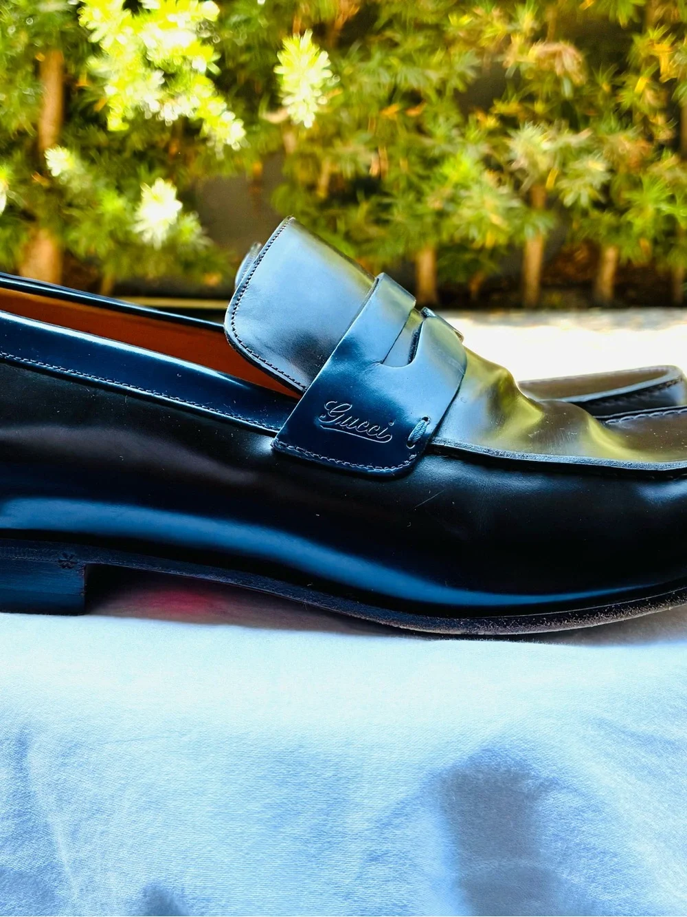 Gucci Men’s Chestnut & Navy Two-tone Penny Loafers, size 13